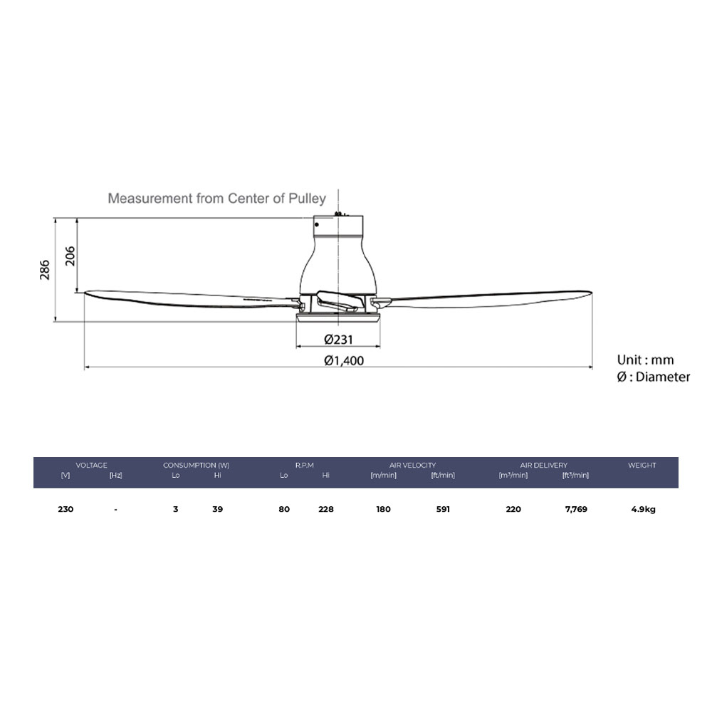KDK M56SR 4-Blades Remote Control AC Ceiling Fan (Silver) Technical Spec