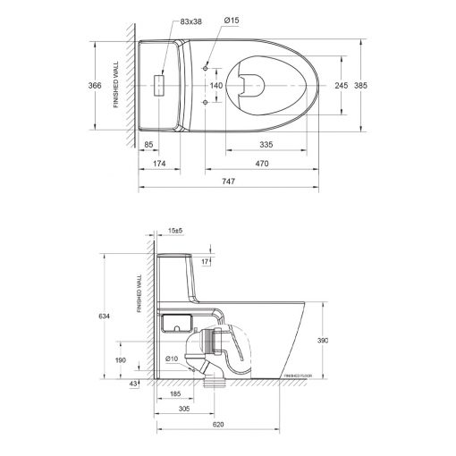 American Standard Acacia SupaSleek - One Piece WC Technical Drawing
