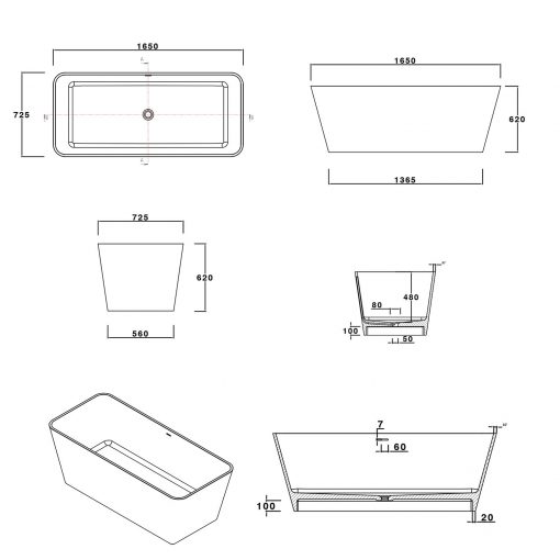 BTS-03S Cast Stone Bathroom Bathtub with Free Standing Design (TECHNICAL DRAWING)