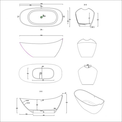 BTS-102 Cast Stone Standalone Bathroom Bath-Tub Technical Drawing