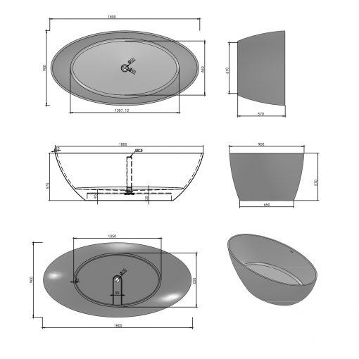 BTS-103 Oval Shape Bathtub made of Cast Stone Technical Drawing