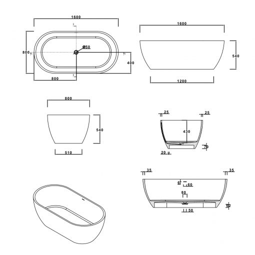 BTS-17B Cast Stone Made Bathtub with Free Standing Design (Technical Drawing)