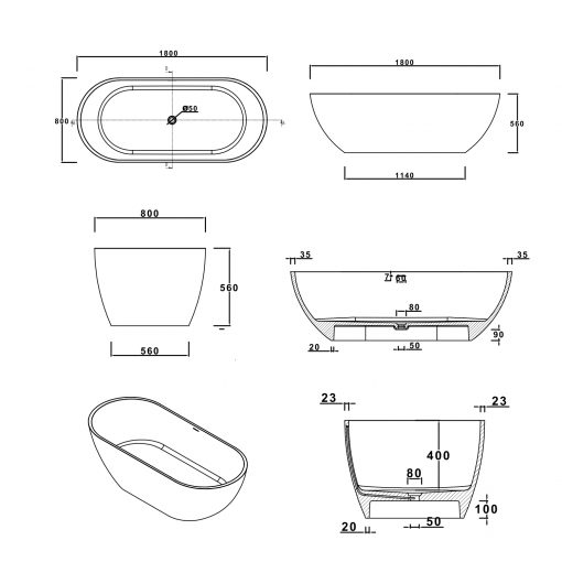 BTS-17B Cast Stone Made Bathtub with Free Standing Design (Technical Specification Drawing)