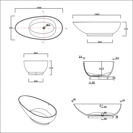 BTS-20 Cast Stone made Bathtub with Free Standing Design Technical Drawing