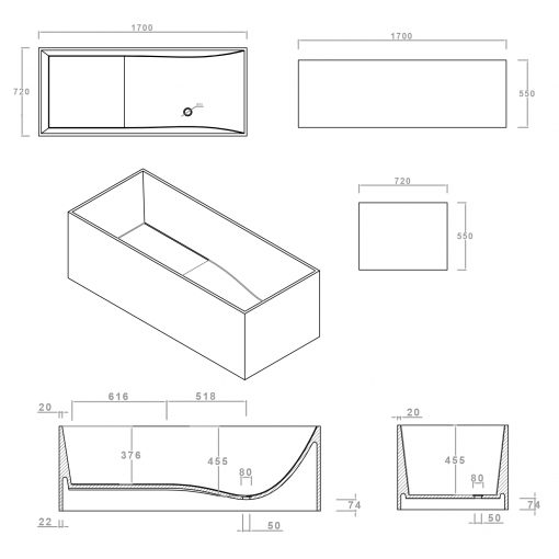BTS-38 Cast Stone Free Standing Bathtub Technical Specification