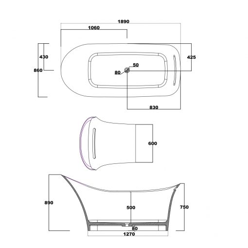 BTS-40 Standalone Bathtub made from Cast Stones (Technical Specification Drawing)