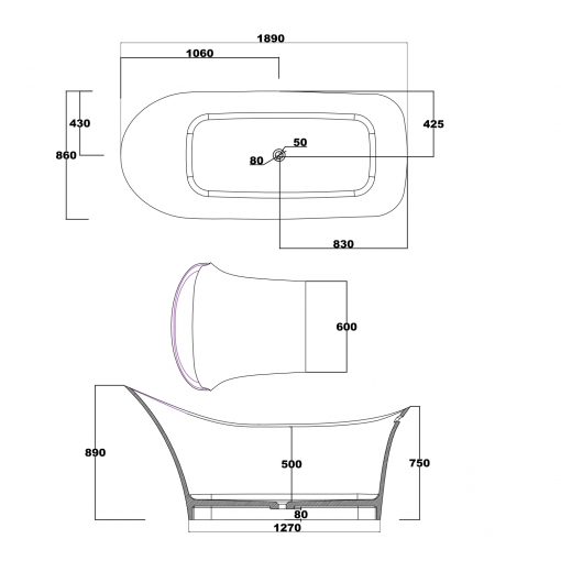 BTS-40N Cast Stone Stand Alone Bathtub (Technical Specification)
