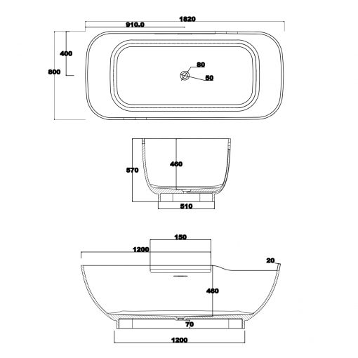 BTS-51N Cast Stone Standalone Free Standing Bathtub in Singapore (Technical Drawing)