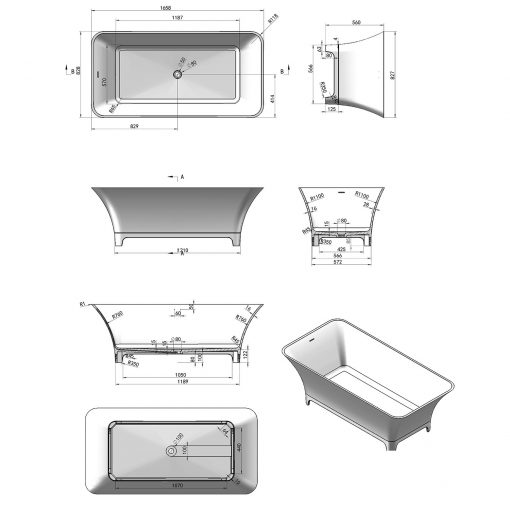 BTS-91 Cast Stone Free Standing Bathtub Technical Drawing