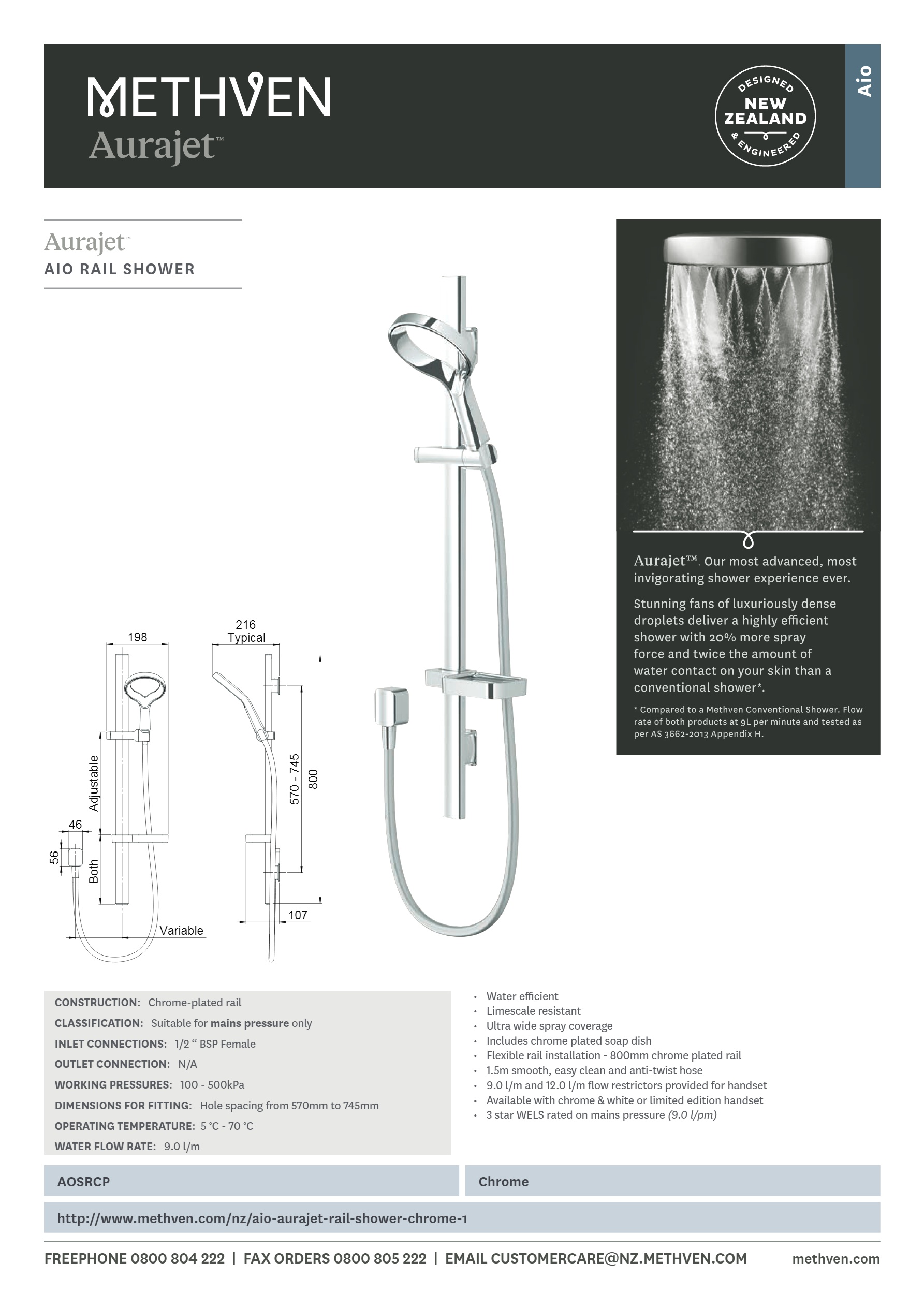 Methven AOSRCP Shower Set Specs Sheet