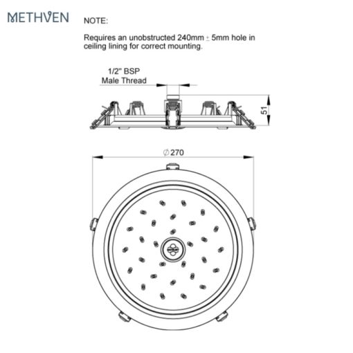 Methven KIFCP flushmount satinjet overhead drencher specs