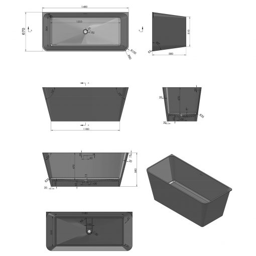 BTS-90 Cast Stone Bathtub Technical Specification Drawing