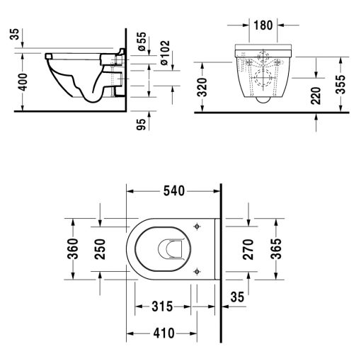 Duravit-222509-Starck-3-Wall-Hung-Toilet Technical Drawing