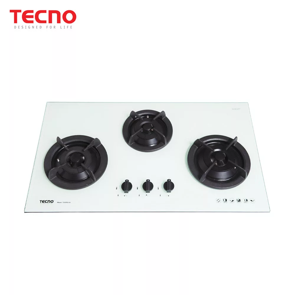 Tecno T333TGSV 3-Burner 90cm Tempered Glass Cooker Hob Sparking White