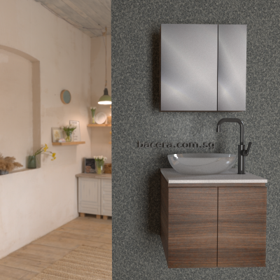 DUSCHE 2007103GB PVC Basin Cabinet Grey Brownish with White Marble Solid Surface Top w Big Mirror Cabinet