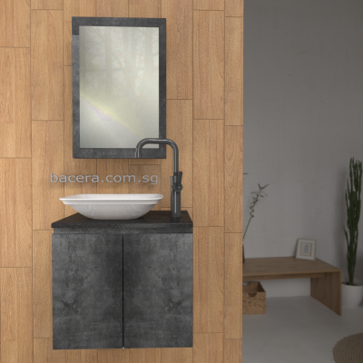 DUSCHE 2007103MG PVC Basin Cabinet Marble Grey with Black Quatz Surface Top with big Mirror