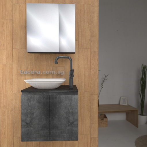 DUSCHE 2007103MG PVC Basin Cabinet Marble Grey with Black Quatz Surface Top with big Mirror Cabinet
