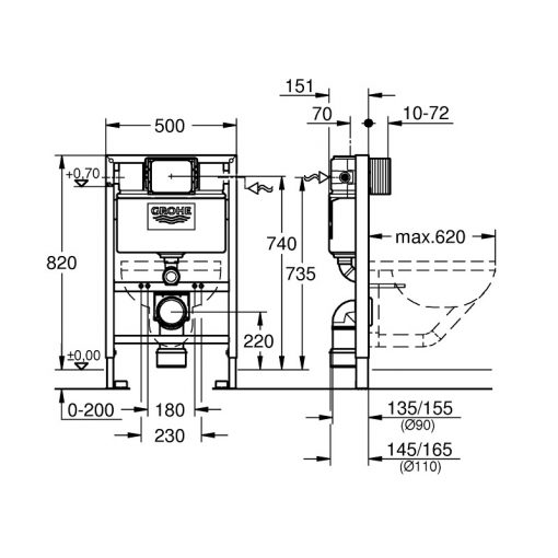 RAPID SL ELEMENT FOR WC - 0.82 M Technical Drawing