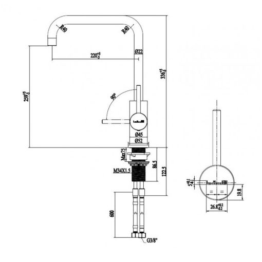 Reginox Logan Sink Mixer (Stainless Steel) Specification Drawing