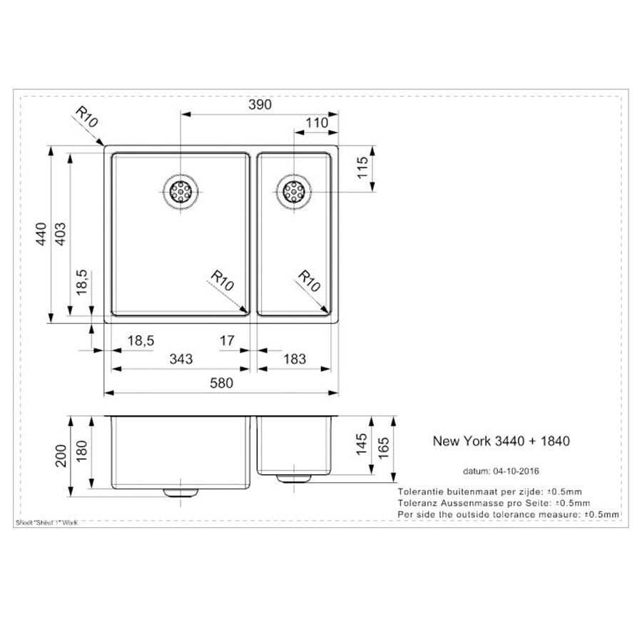 Reginox New York 34x40 + 18x40 Stainless Steel Sink Technical Specification