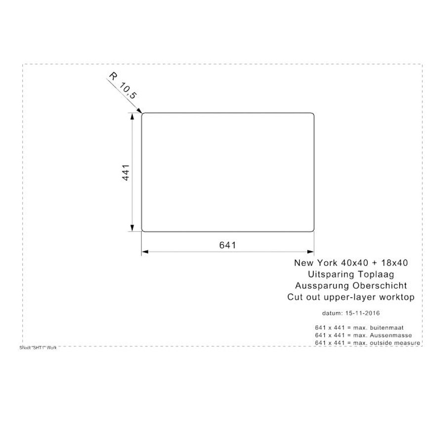 Reginox New York 40x40 + 18x40 Stainless Steel Sink Cut-Out Size Drawing