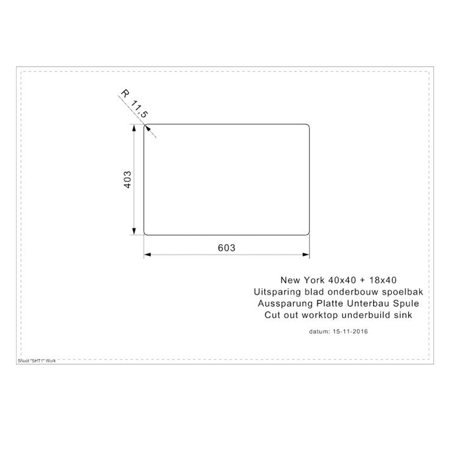 Reginox New York 40x40 + 18x40 Stainless Steel Sink Cut-Out Size Drawing