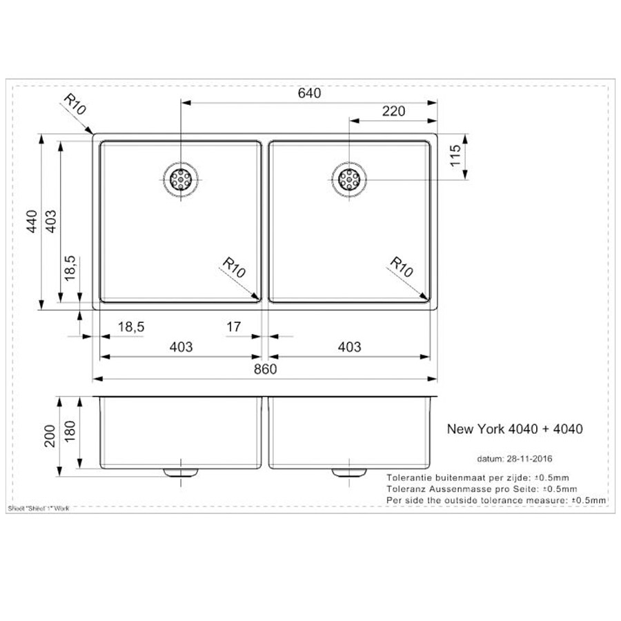 Reginox New York 40x40+ 40x40 Stainless Steel Sink Specification Drawing