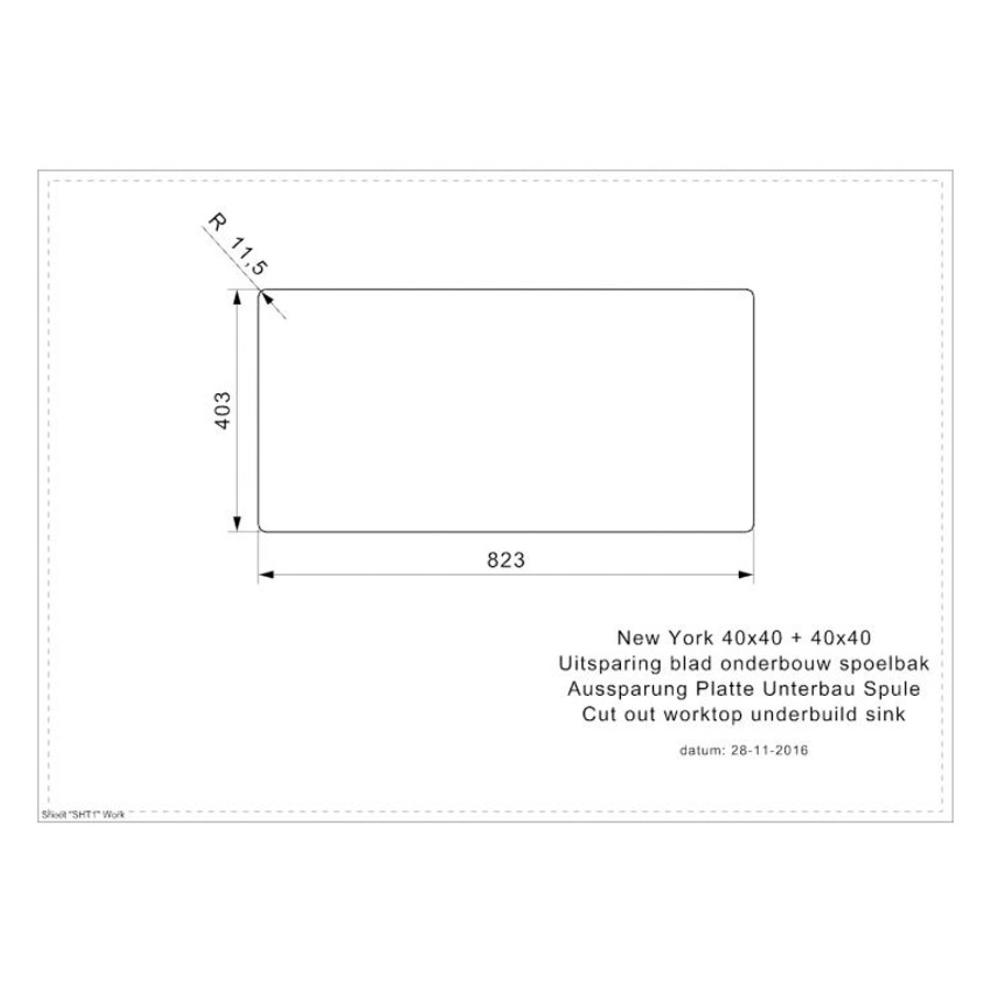 Reginox New York 40x40+ 40x40 Stainless Steel Sink Specification Drawing