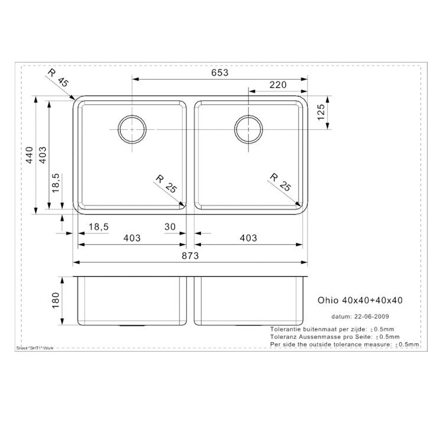 Reginox Ohio 40x40 + 40x40 OKG Integrated Stainless Steel Sink Specification Drawing