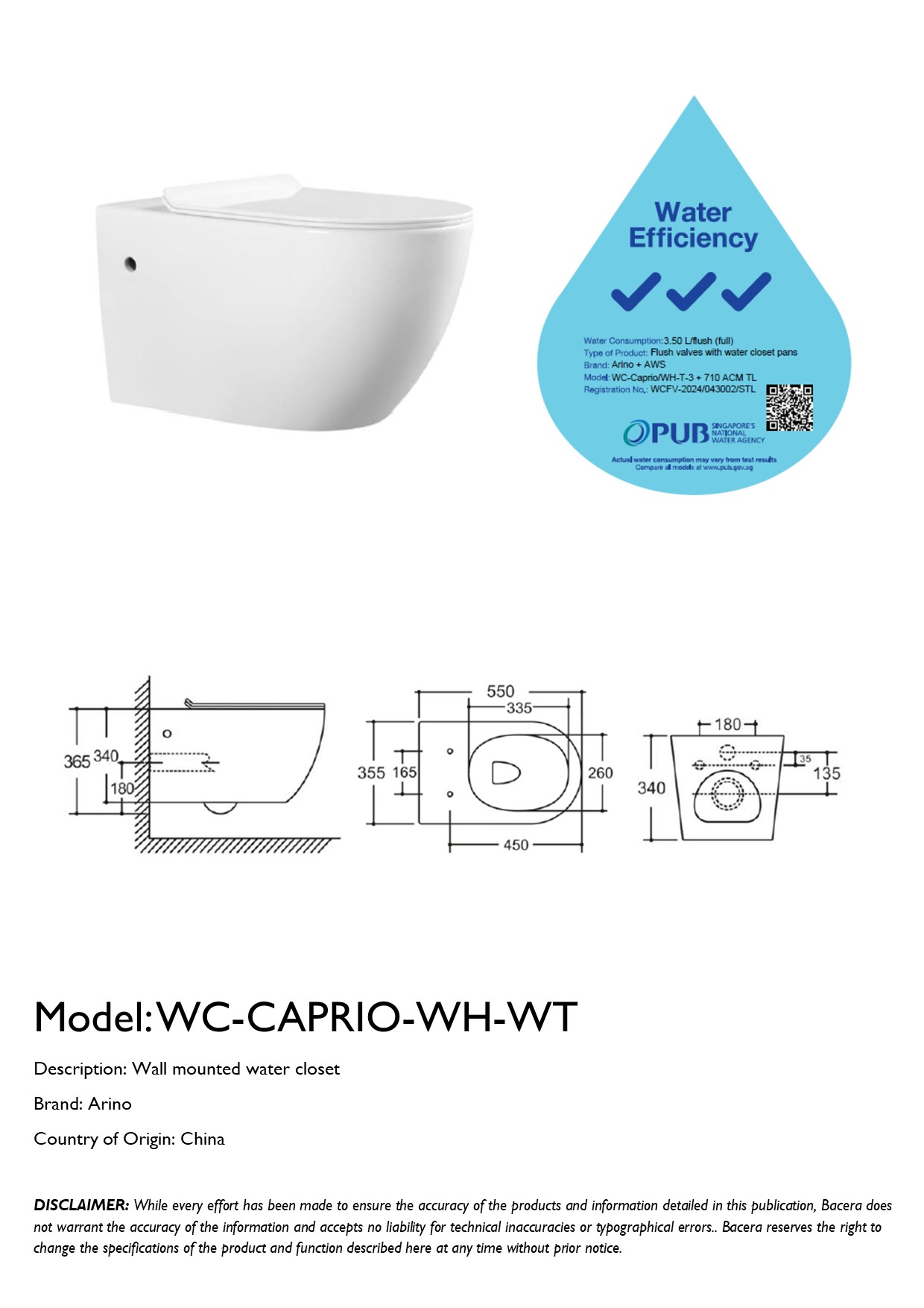 WC-CAPRIO-WH-Wall Hung Water Closet | Bacera