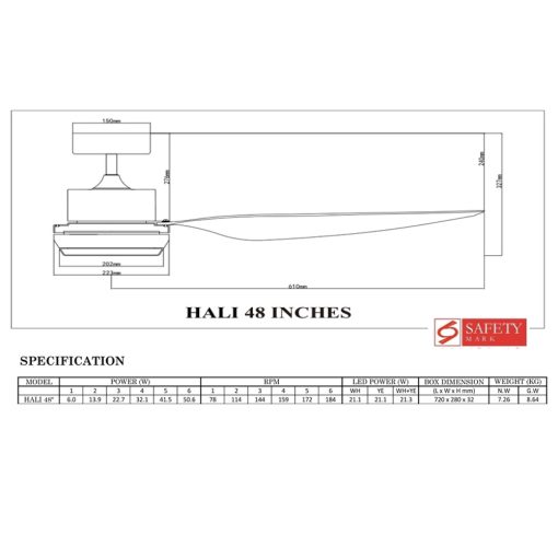 Bestar HALI 48 DC Ceiling Fan with LED Technical Specification