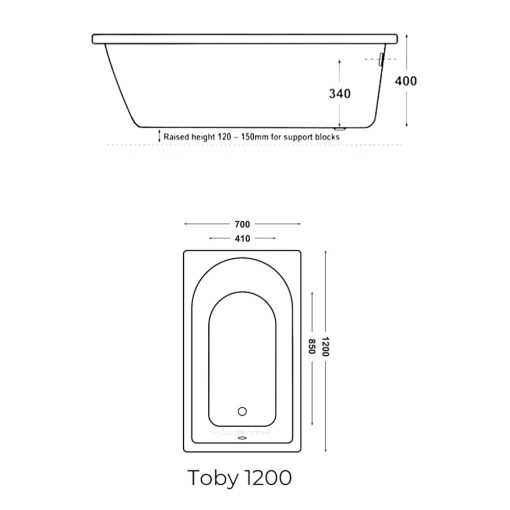 YuuBath TOBY Built-In-Bathtub 1200mm Technical Drawing