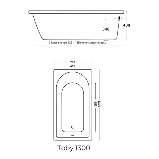 YuuBath TOBY Built-In-Bathtub 1300mm Technical Drawing