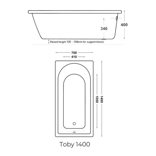 YuuBath TOBY Built-In-Bathtub 1400mm Technical Drawing