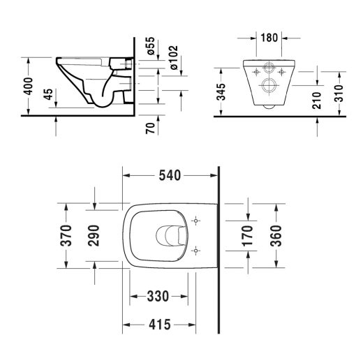Duravit-255109-Rimless Wall-Hung-Toilet Technical Drawing
