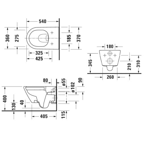 Duravit-D-Neo-257709-Rimless-Wall-Hung-Toilet Technical Drawing