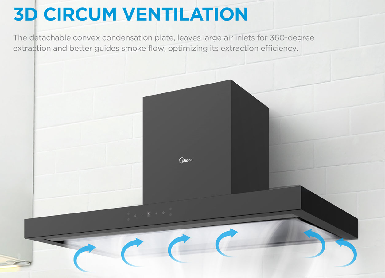 Midea MBI-90M79BK-SG Chimney Hood 3d Circum Ventilation