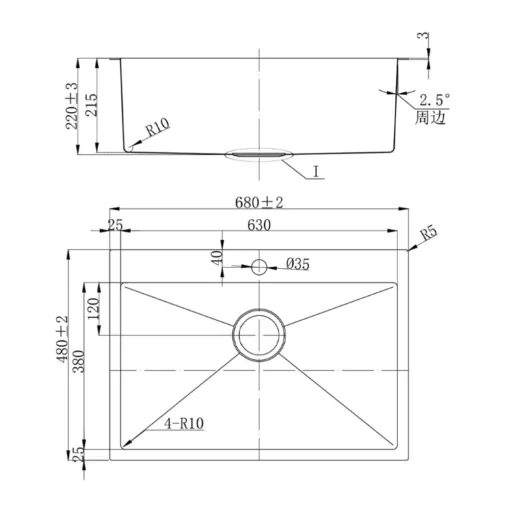 Fidelis FSD-23601HC-NBK Honeycomb Nano Stainless Steel Kitchen Sink (Black) Technical Drawing