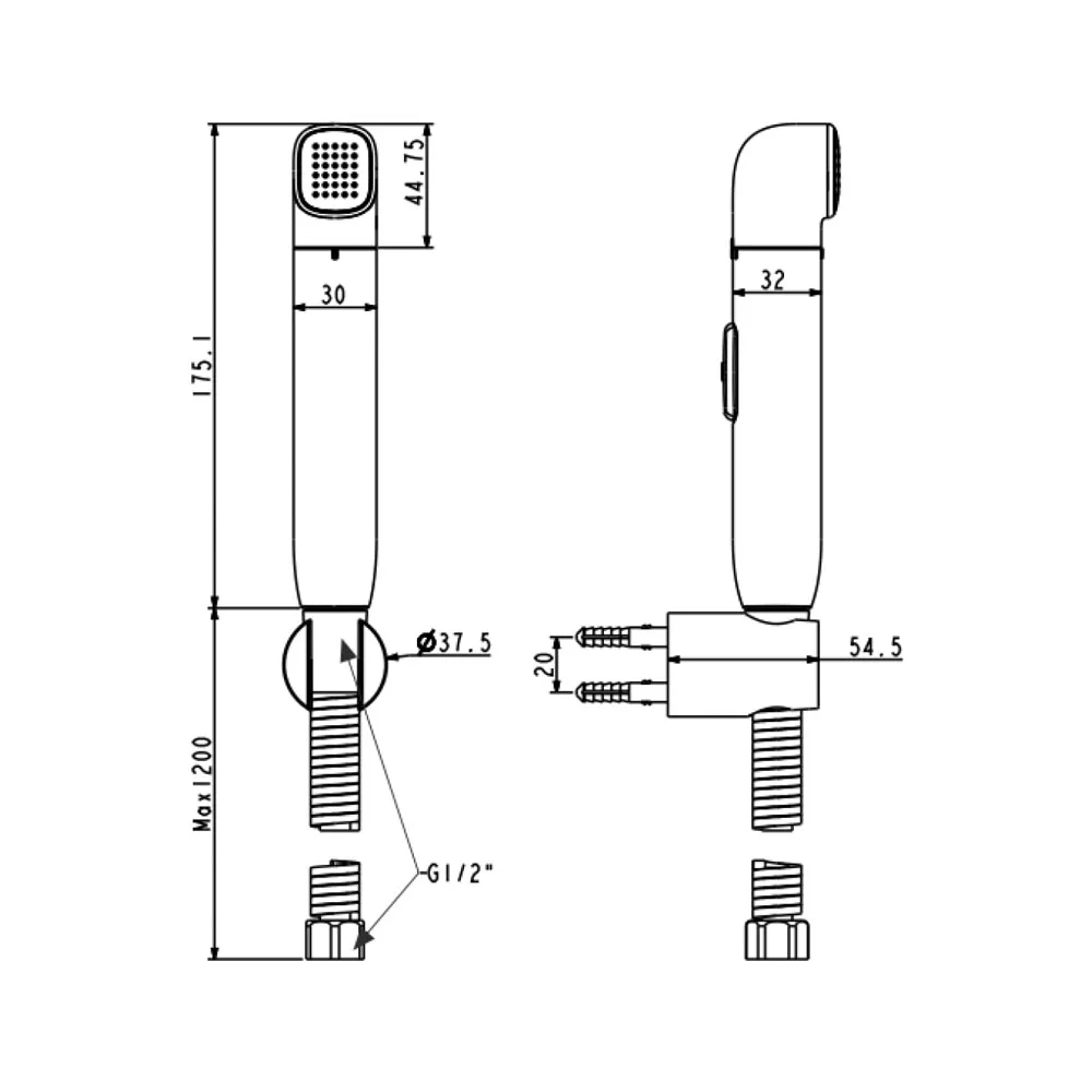 American Standard DuoSTiX Hygiene Spray (Chrome - Matte Black) Technical Drawing