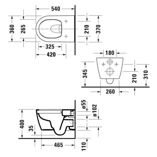 Duravit-Soleil-259109-Rimless-Wall-Hung-Toilet Technical Drawing