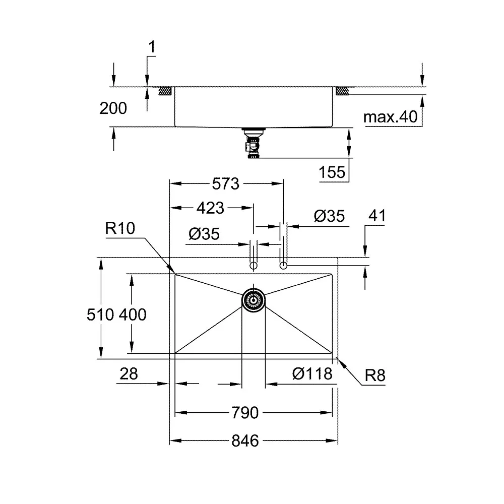 Grohe K800 Stainless Steel Sink Technical Dimension Drawing