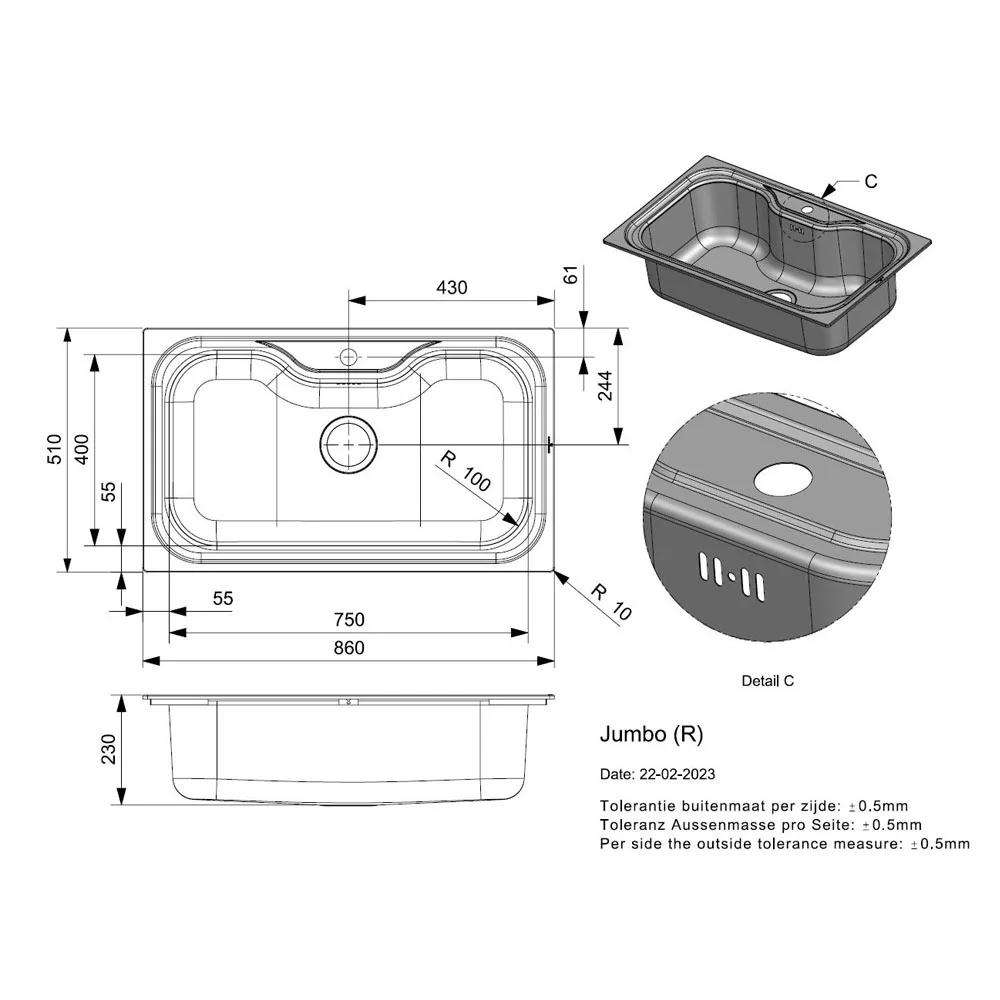 Reginox Jumbo(R) Stainless Steel Sink Technical Drawing