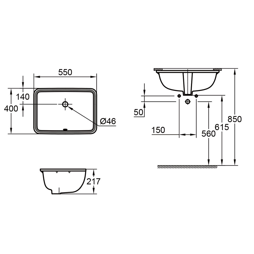 Grohe 101012SH00 Euro Ceramic Under-Counter Wash Basin Technical Specification Drawing