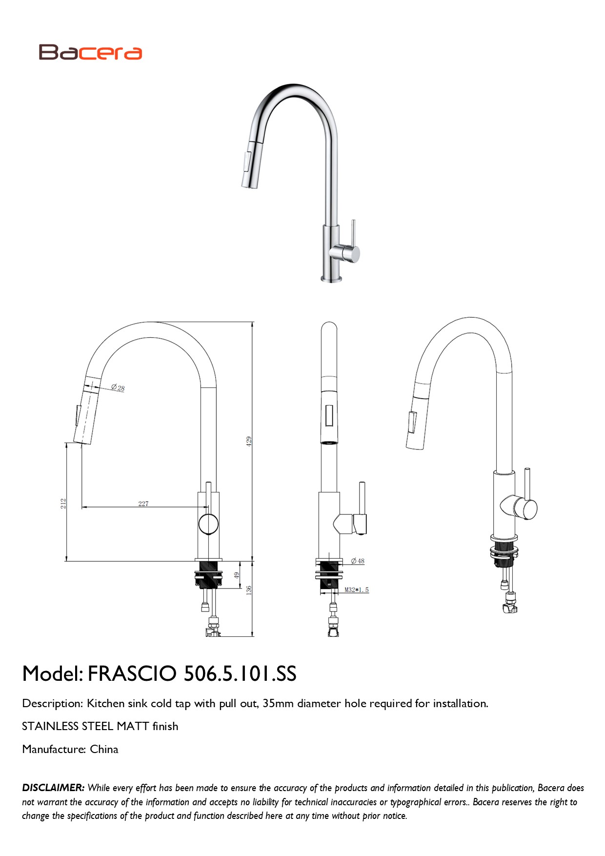 FRASCIO 506.5.101.SS Stainless steel pull out cold water sink tap specs