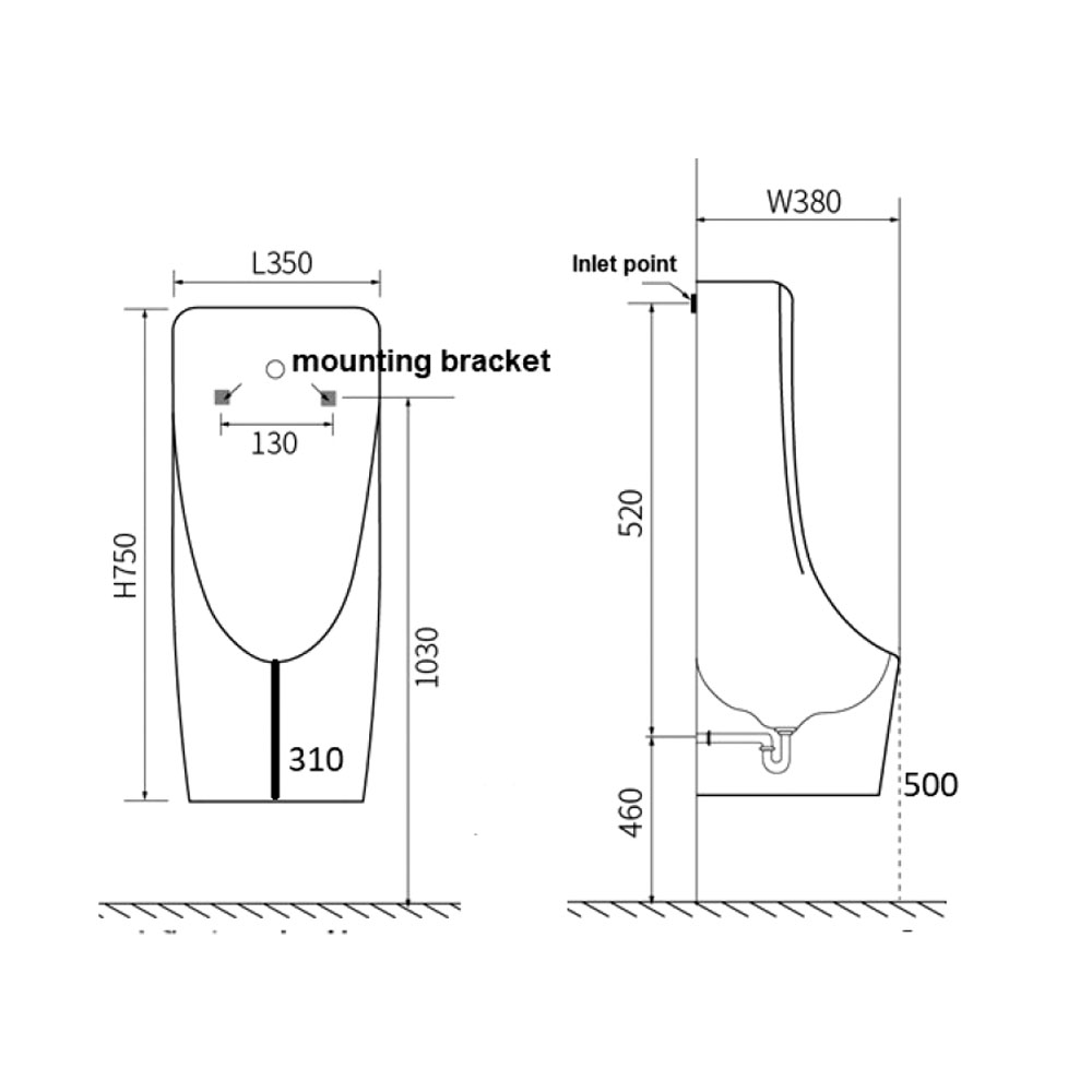 SCHIMIED U119 Wall Hung Bowl Urinal with Spreader - Image 2