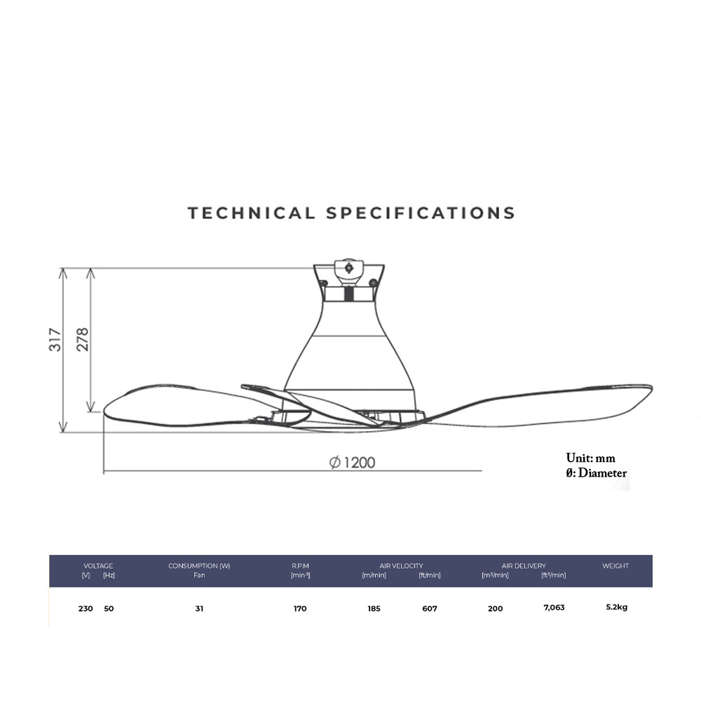 KDK-E48HP Wifi-Control DC Ceiling Fan (White) Technical Drawing
