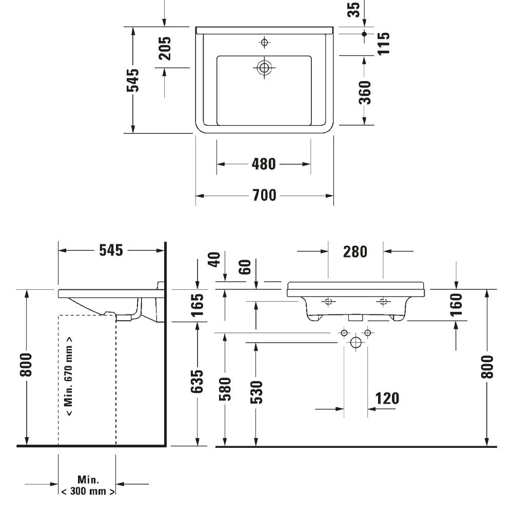 Duravit 030970 Stark 3 Wall-Hung Cabinet Basin Technical Drawing
