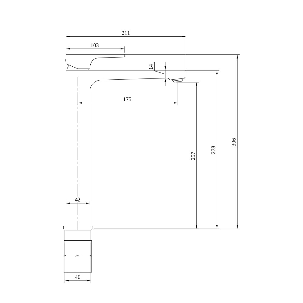 Villeroy-&-Boch-Architectura-Square-TVW12500200064-Single-lever-Tall-Basin-Mixer-(Brushed-Nickel) Technical-Specification-Drawing