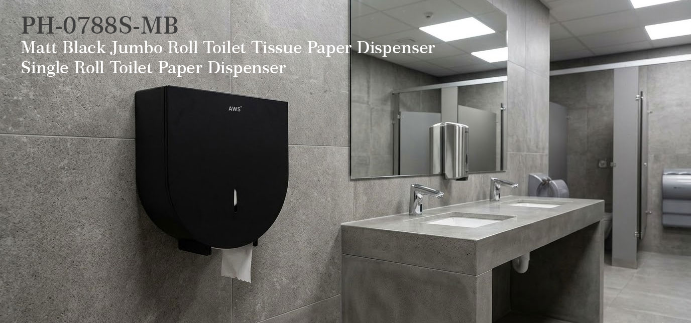 AWS-PH-0788S-MB-Jumbo-Roll-Towel-Dispenser-in-Public-Toilet
