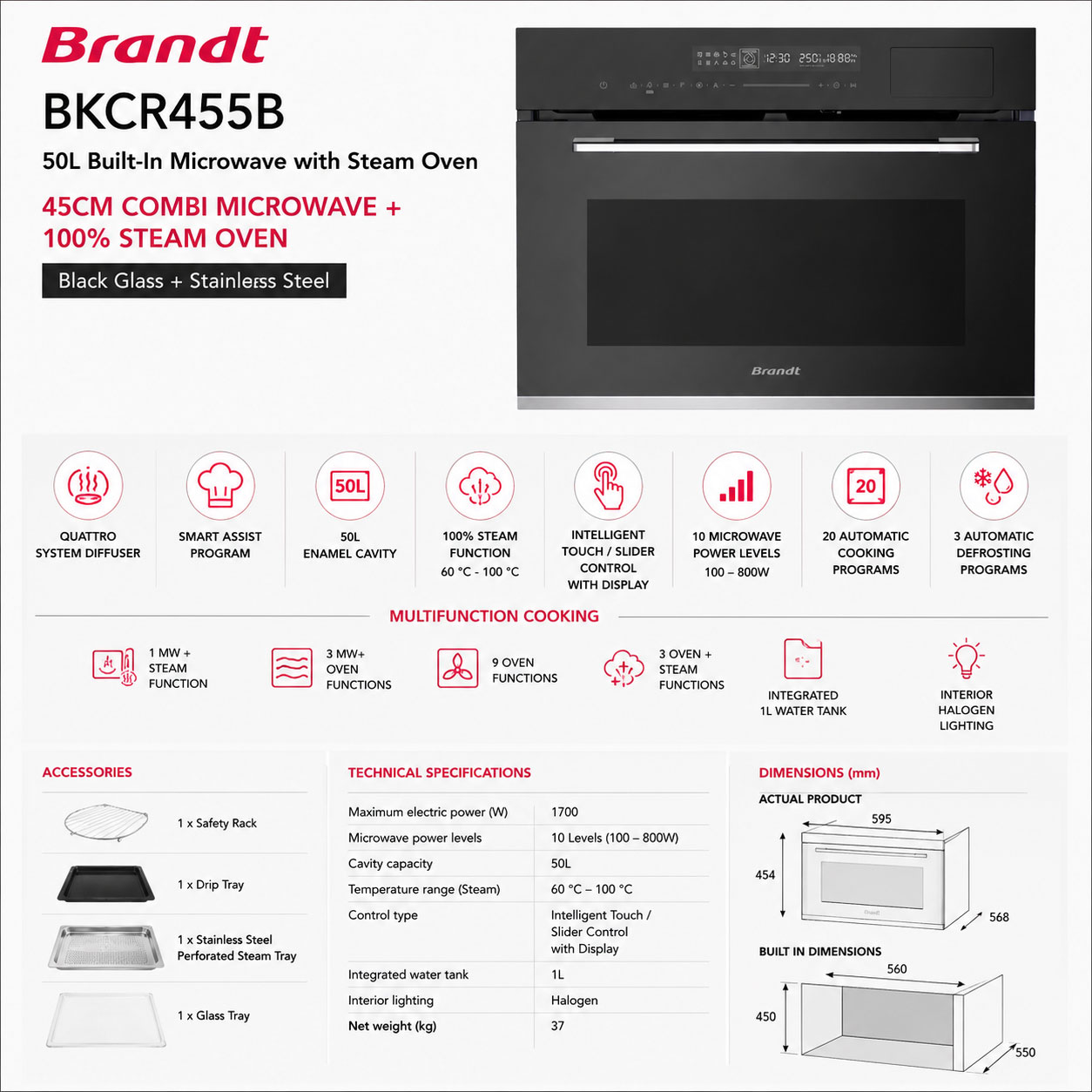 Brandt-BKCR455B-50L-Built-In-Microwave-with-Steam-Oven-Features